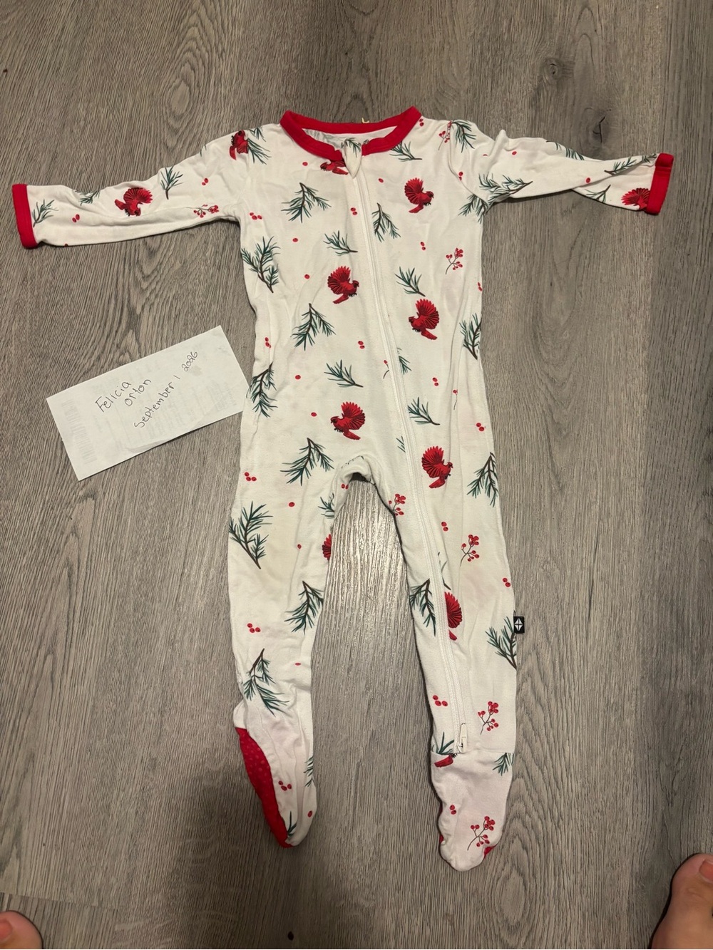 Kyte BABY Cream Footed One-Piece with Red & Green Holiday Print